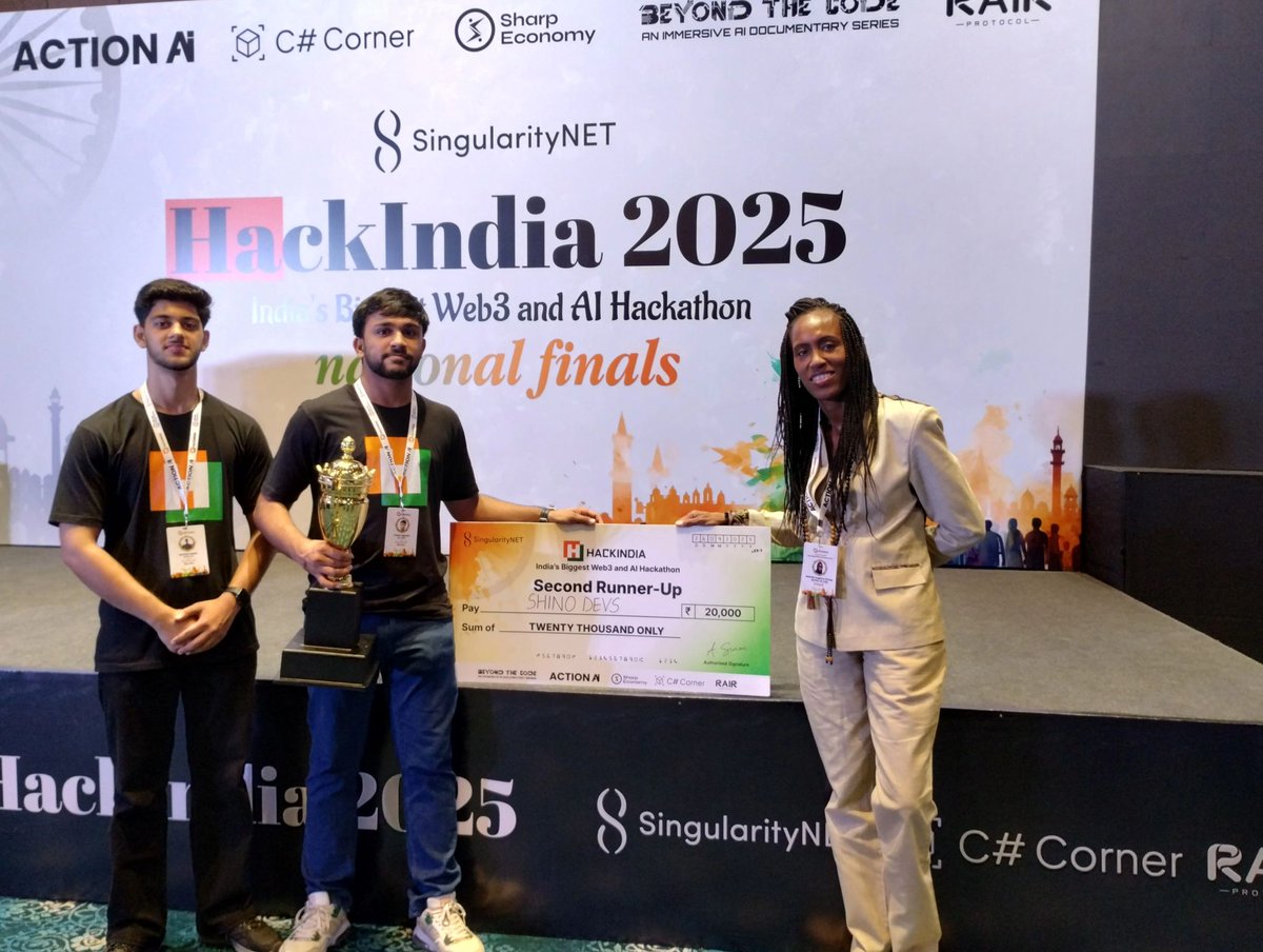 sarthakgupta_37's tweet image. 🥉 2ND RUNNER-UP @HackIndiaXYZ !
Our Web3-powered language learning platform ShinoLearn clinched 2nd Runner-Up at one of India’s biggest hackathons! 🚀
Massive props to ShinoDevs 💪
#HackIndia #Web3 #AI #Hackathon #Teamwork