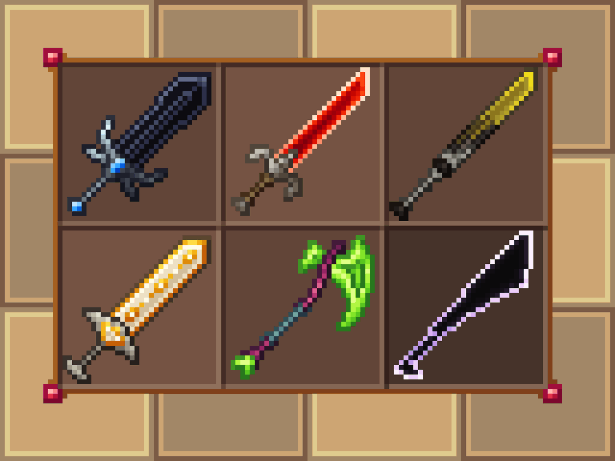 krisstrad's tweet photo. Some Swords (and Axe) from head and based on other games (DOOM, Limbus Company,  Deltarune)

#pixelart #minecraftart #weapons #Sword #Minecraft #DOOM #LimbusCompany #Limbus_Company #DELTARUNE 
#commissionsopen #commissionopen https://t.co/xOFRV2wQFm