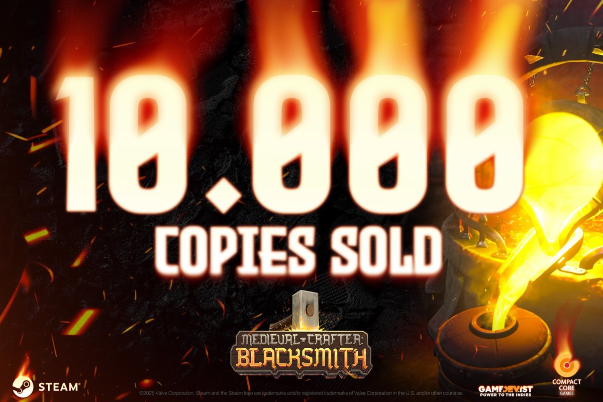 MedievalCraftBS's tweet image. 🔶 10.000 COPIES SOLD! 🔶

Unbelievable. Thank you so much for forging and hammering Medieval Crafter: Blacksmith with us. Like we always say, your feedback is the hammer we need!

We&apos;re grateful for your immense support. Step into the forge today!
🔶 store.steampowered.com/app/2331280/Me……