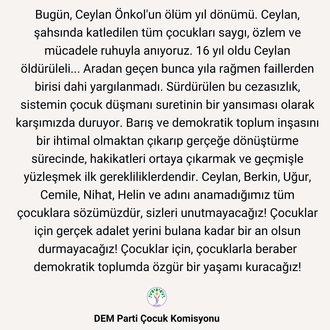 demparticocuk's tweet photo. Bugün, Ceylan Önkol'un ölüm yıl dönümü.

Ceylan, şahsında katledilen tüm çocukları saygı, özlem ve mücadele ruhuyla anıyoruz. https://t.co/9bVtjC1V23