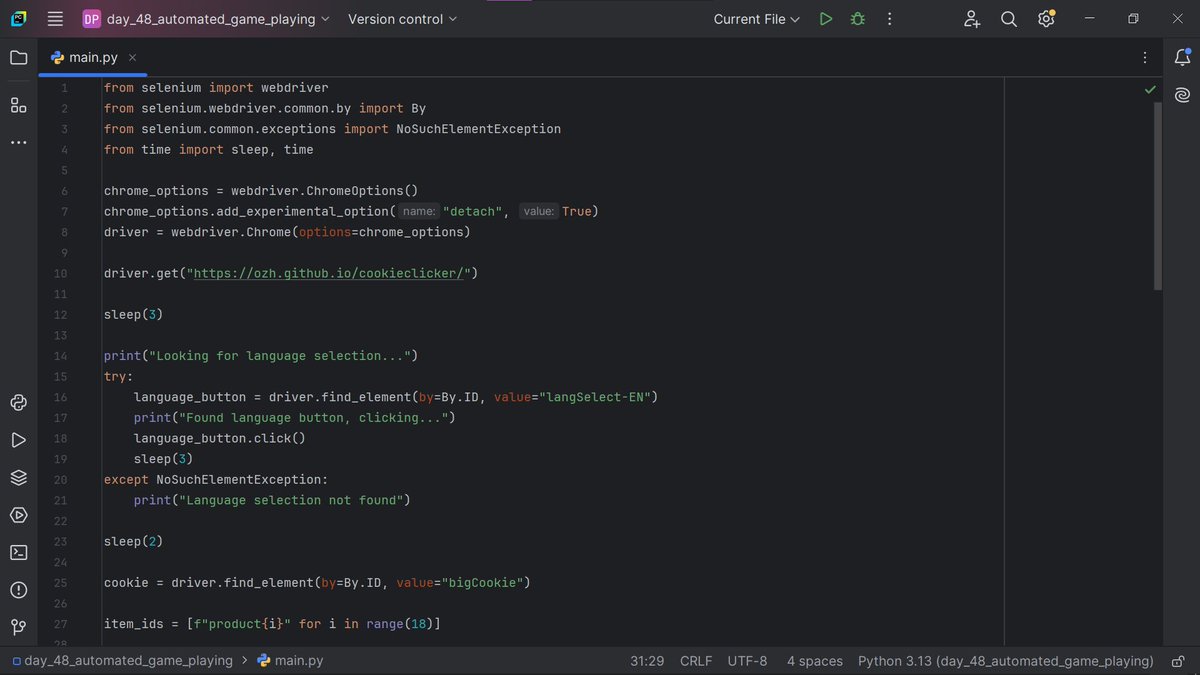 bluedev_py's tweet image. Day 48/100 – Intermediate+
> Selenium WebDriver
> Built an automated bot that can play a game on its own
#100DaysOfCode
#pythonprogramming
#pythononlinetraining