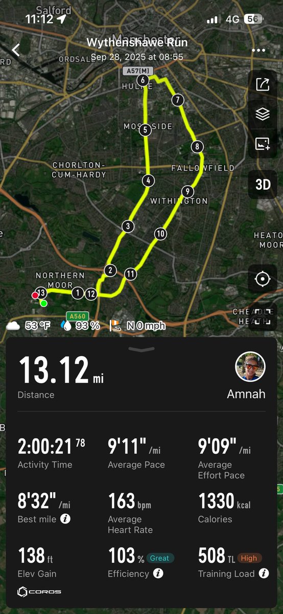 AmnahIqbal's tweet photo. Sunday long run which accidentally became a half marathon distance. Just need to repeat this pace and time for #Manchesterhalf in exactly two weeks time!πͺπΌπ€πΌπ https://t.co/B3PG684XRQ