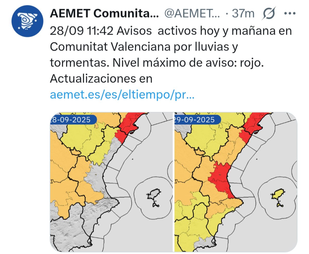 🚨Atents als avisos meteorològics per pluges per a la província de València, amb avisos taronja per a diumenge i taronja i roig a partir de la mitjanit, situació que pot ser complicada. Segueix actualitzacions <a href="/AEMET_CValencia/">AEMET Comunitat Valenciana</a> i  <a href="/GVA112/">Emergències 112CV</a> . #Precaució