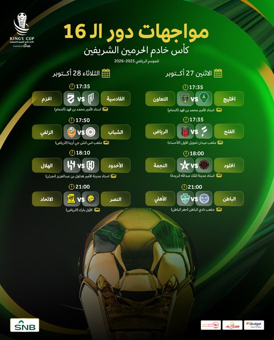 A poster with a soccer ball graphic at the center. Text lists match schedules for the King Cup Round of 16, including team names, dates, and times in October. The design features a green background with white and yellow text.