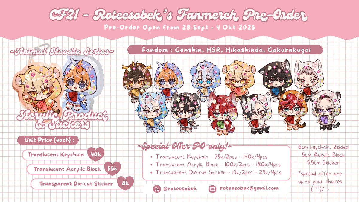 roteesobek's tweet photo. [💖 &amp; 🔄 are appreciated!]

Hi Hi! Batch 2 PO are open + Giveaway✨
Available for pick up CF &amp; Mail Order
15-16 Nov at Fossil Sebelah
booth number TBA

⌚PO: 28 Sept - 4 Oct 2025
📩LINK ORDER: https://t.co/5s4Gx09glw
Fandom : Genshin, Hsr, Hgsn, Gokurakugai
#comifuro21catalog https://t.co/cZoOrHTNt9