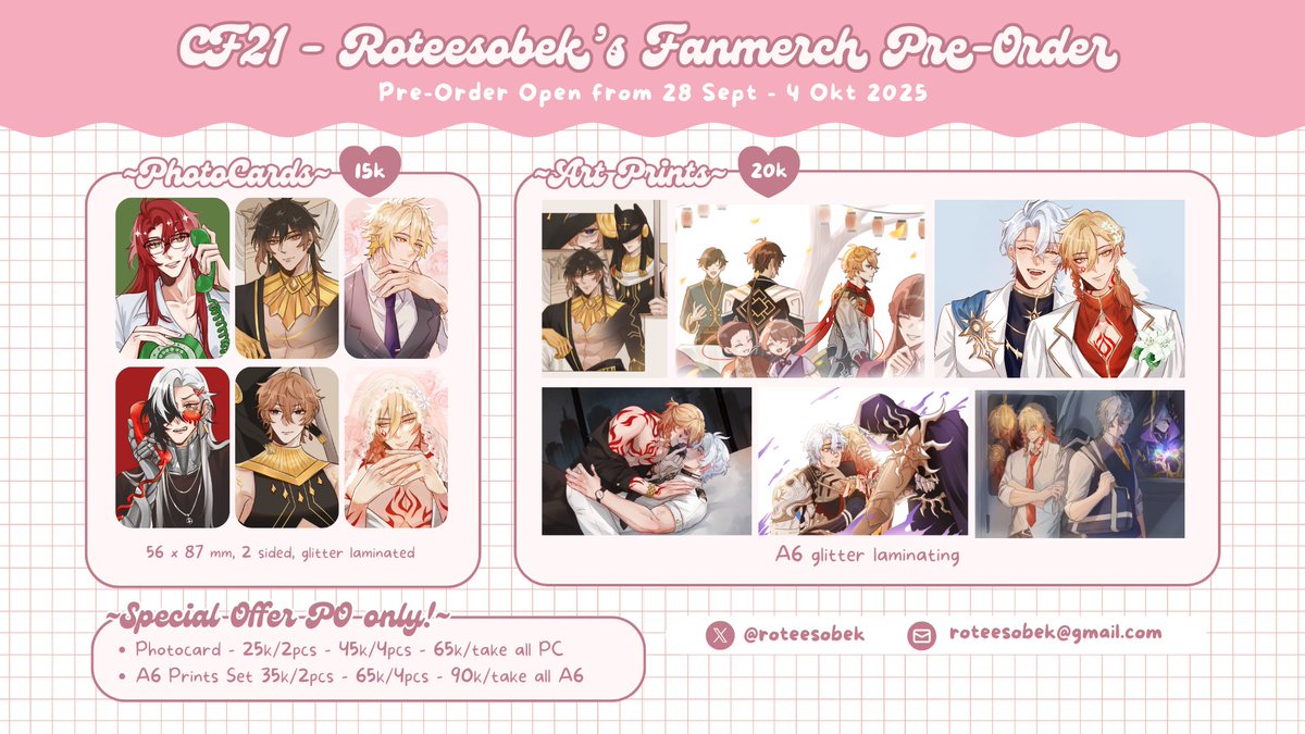 roteesobek's tweet photo. [💖 &amp; 🔄 are appreciated!]

Hi Hi! Batch 2 PO are open + Giveaway✨
Available for pick up CF &amp; Mail Order
15-16 Nov at Fossil Sebelah
booth number TBA

⌚PO: 28 Sept - 4 Oct 2025
📩LINK ORDER: https://t.co/5s4Gx09glw
Fandom : Genshin, Hsr, Hgsn, Gokurakugai
#comifuro21catalog https://t.co/cZoOrHTNt9