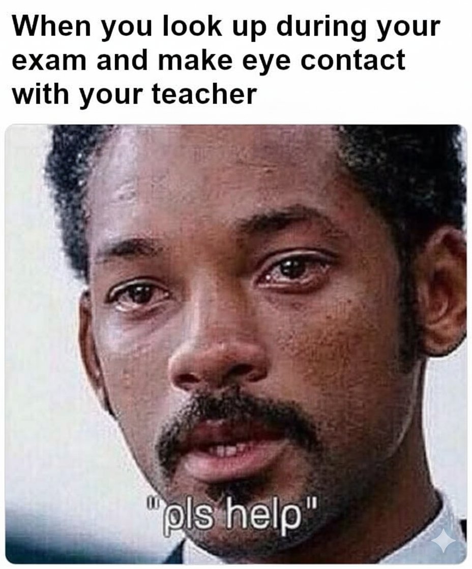 GradCalculator's tweet image. The moment you accidentally make eye contact with your professor during the final and now you have to over-exaggerate your concentration on the paper to prove you're not doing anything suspicious. The awkward stare-down is real.
#FinalExamVibes #TestAnxiety #SchoolMemes