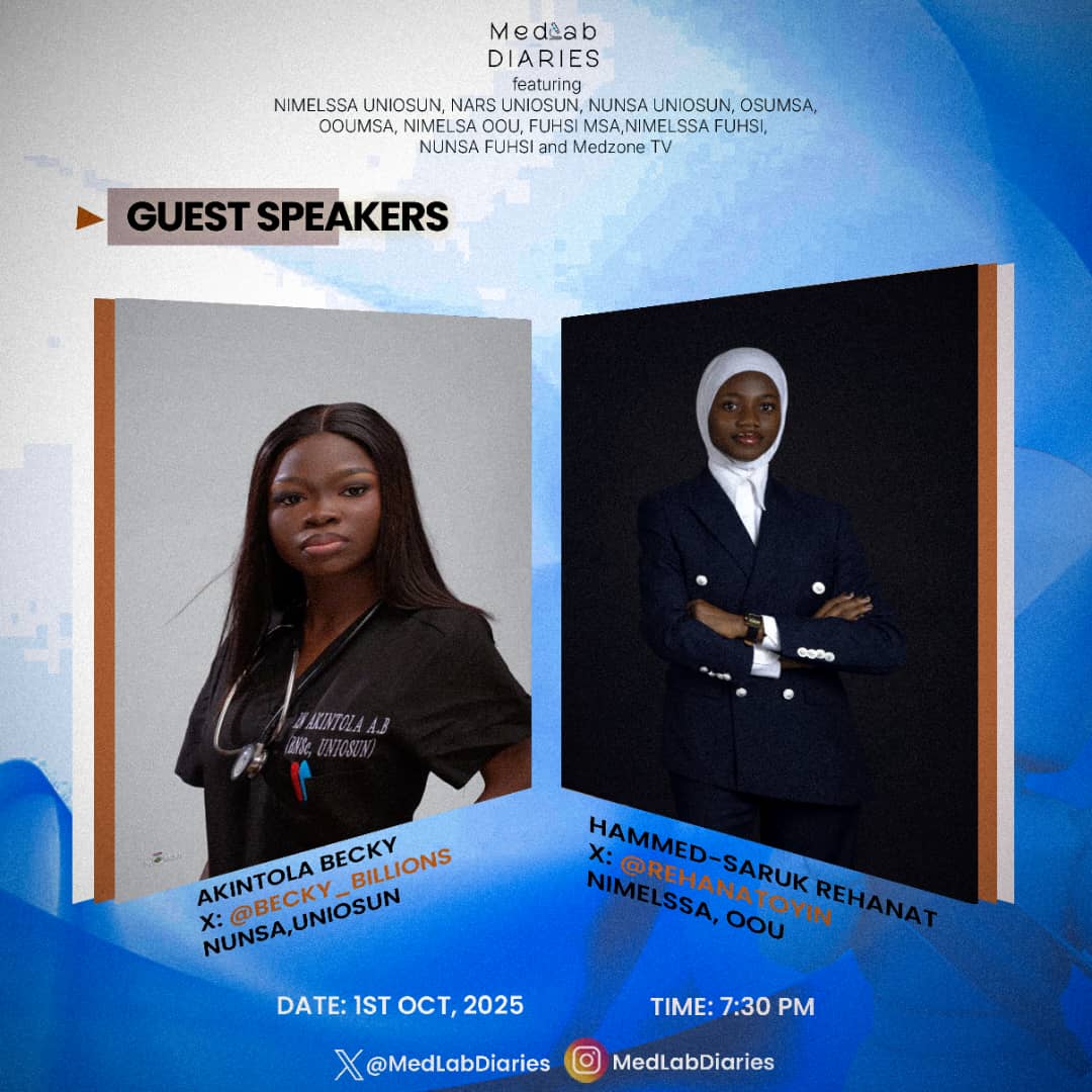 medlabdiaries's tweet photo. 3 days to the space
2 more speakers surface
2 batches of speakers will be revealed today
Save the date, it's on Tuesday!!

We have esteemed scholar AKINTOLA BECKY (@becky_billions) of NUNSA-UNIOSUN and Honourable HAMMED-SARUK REHANAT (@rehanatoyin) of NIMELSSA-OOU
Anticipate!! https://t.co/gkjQuQgXfZ