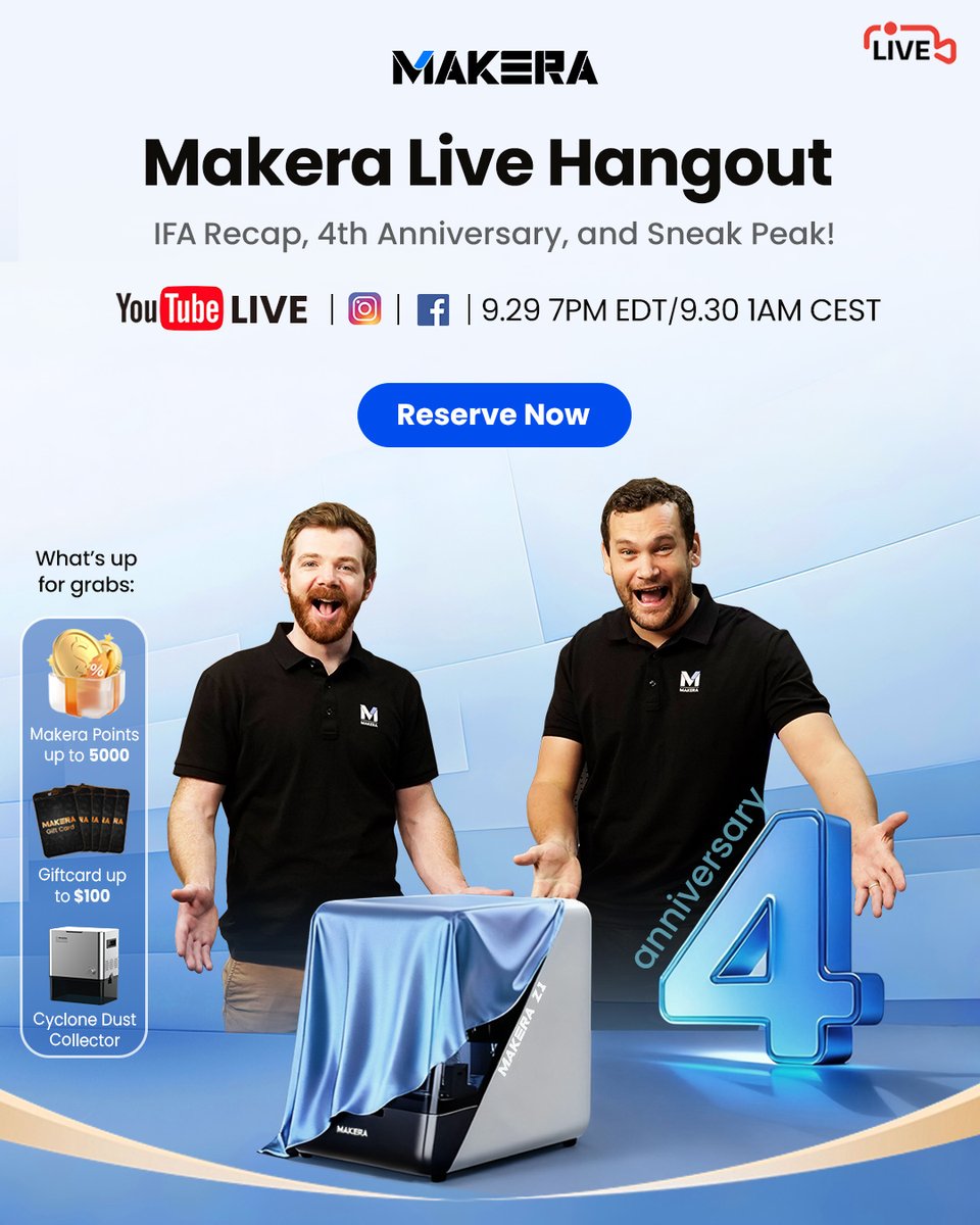 Makera (@makera_inc) on Twitter photo ⏰ 24 Hours to Go!
We’re going live tomorrow with Makera Live: celebrating our 4th Anniversary with Z1 product unveiling, IFA recap & exclusive giveaways!🎉
🗓 Sep 29 – 7PM EDT | Sep 30 - 1AM Berlin/Paris
📍 Live on YouTube, Facebook & Instagram
🎁 Win:
• Cyclone Dust Collector ⏰ 24 Hours to Go!
We’re going live tomorrow with Makera Live: celebrating our 4th Anniversary with Z1 product unveiling, IFA recap & exclusive giveaways!🎉
🗓 Sep 29 – 7PM EDT | Sep 30 - 1AM Berlin/Paris
📍 Live on YouTube, Facebook & Instagram
🎁 Win:
• Cyclone Dust Collector