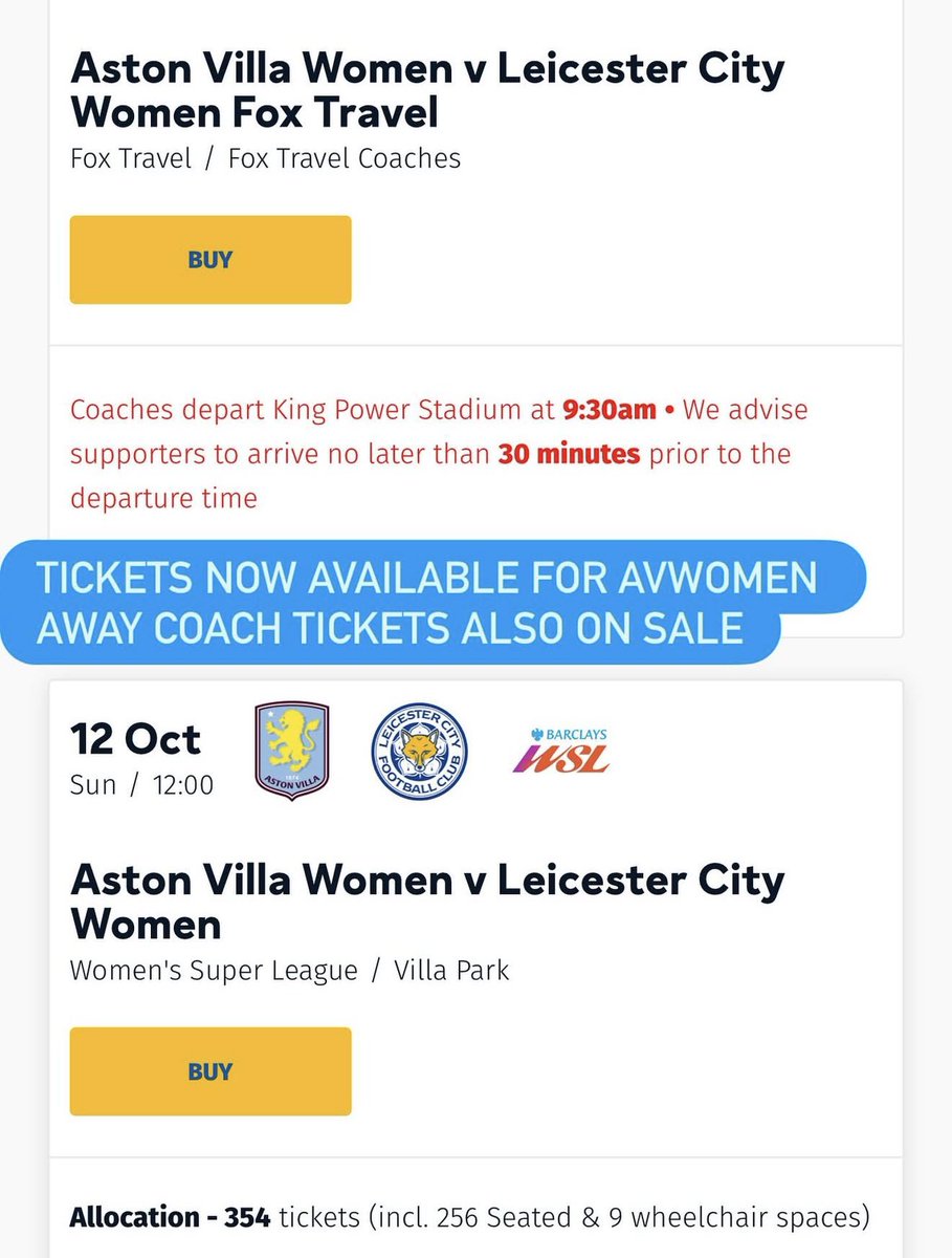 #WSL #LCFC #LCWFC Villa (A) tickets and travel now on sale.