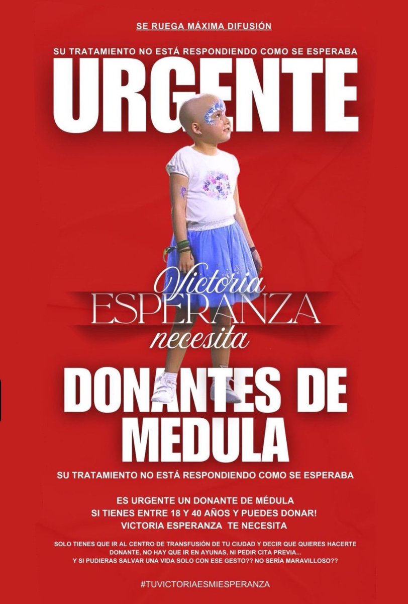 lascigarreras's tweet image. Victoria Esperanza necesita con urgencia de un donante de médula ósea. 

Tan importante es la donación como hacer llegar este mensaje al mayor número de personas posible, para ayudarla a ella y a otros pacientes en esta situación. 

#PonTuMano ❤️ #DonaVida