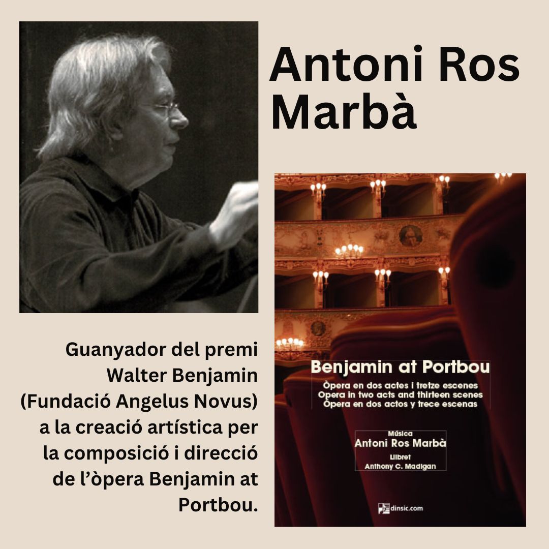🎼 La fundació Angelus Novus atorga, en la seva primera edició, el premi Walter Benjamin a Antoni Ros Marbà.

L'última òpera del reconegut músic de l'Hospitalet, Benjamin at Portbou 👉 dinsic.com/ca/publicacion…