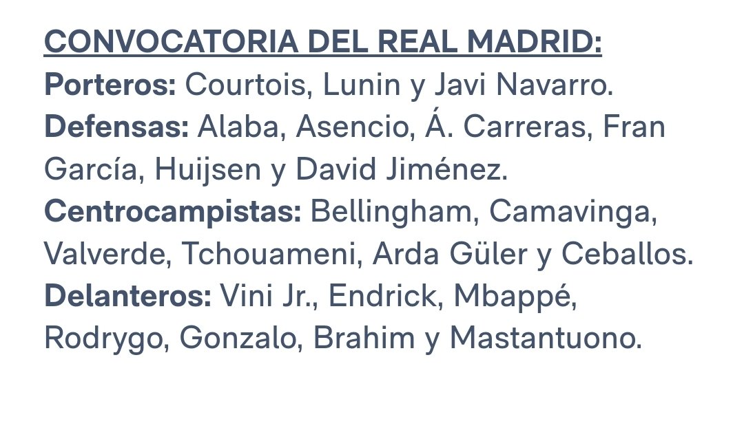 MadridXtra's tweet image. 🚨 Squad for Kairat Almaty. ✈️🇰🇿

❌️ Carvajal 
❌️ Trent
❌️ Mendy
❌️ Rüdiger 
❌️ Militão