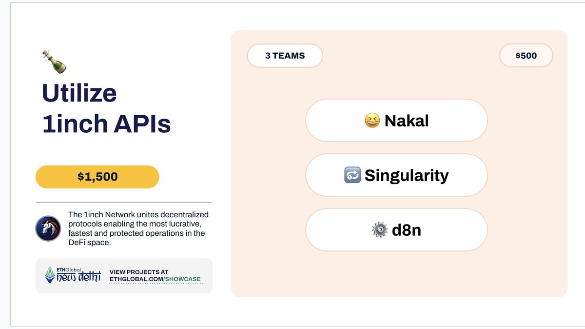 1inch's tweet image. Use of 1inch APIs ($1.5K total):

😆 Nakal (@Yagneshh28, @mohan_kavin)

🛰 Singularity (@mBinCrypto, @akshasolapurkar, @0xpratth)

⚙ d8n (@ReactLakshya, @HarshitNay80531, @Siddhartha37648)