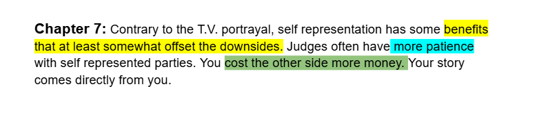 Alexwindivorce's tweet photo. This was a controversial section to write and many people disagreed with me on this. Can't afford a lawyer? Self representation isn't hopeless. Judges give you more grace and every extra hour their lawyer spends costs your ex money. https://t.co/ZersC1T5jR