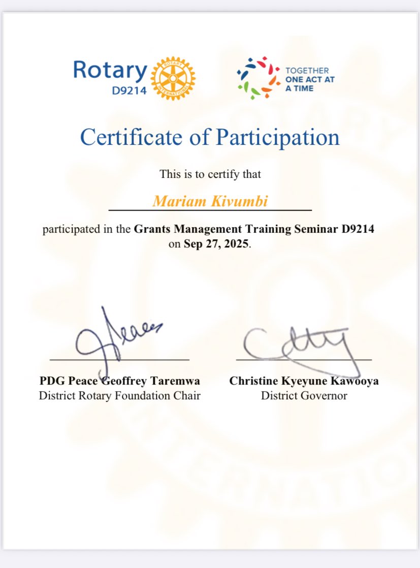 Learning never stops at the Rotary Club of Bunga!
On September 27, 2025, our members attended the Grants Management Training Seminar D9214 at Hotel Next, Masaka.
This training empowers us to run sustainable, impactful projects that transform lives. 
#Training 
#GrantsManagement