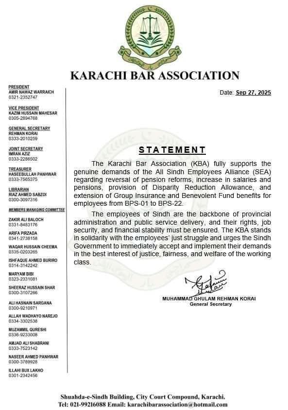 MuhammadAliNar5's tweet photo. Request to accept the legal demands of Sindh Employees Alliance(Supported by Karachi Bar)@AAliZardari @PresOfPakistan @BBhuttoZardari @BakhtawarBZ @AseefaBZ @FaryalTalpurPk @AzraPechuho @MuradAliShahPPP @GovernorSindh @PakPMO @CMShehbaz @GovtofPakistan #JusticeForSindhEmployees https://t.co/hHTbWbvGrc