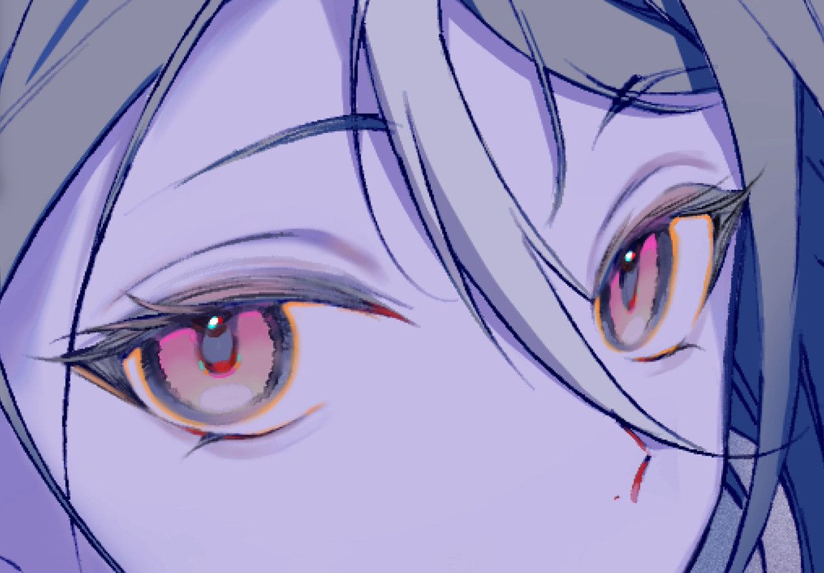 目の塗り方毎回違うけど、黒目のフチと粘膜周りにオレンジ入れるのとハイライトに手動色収差かけるのは大体どの絵でもやってる……
粘膜に明るい青紫置くのもよくやってる
体感で透明感出る気がするのと情報量増える気がするから……