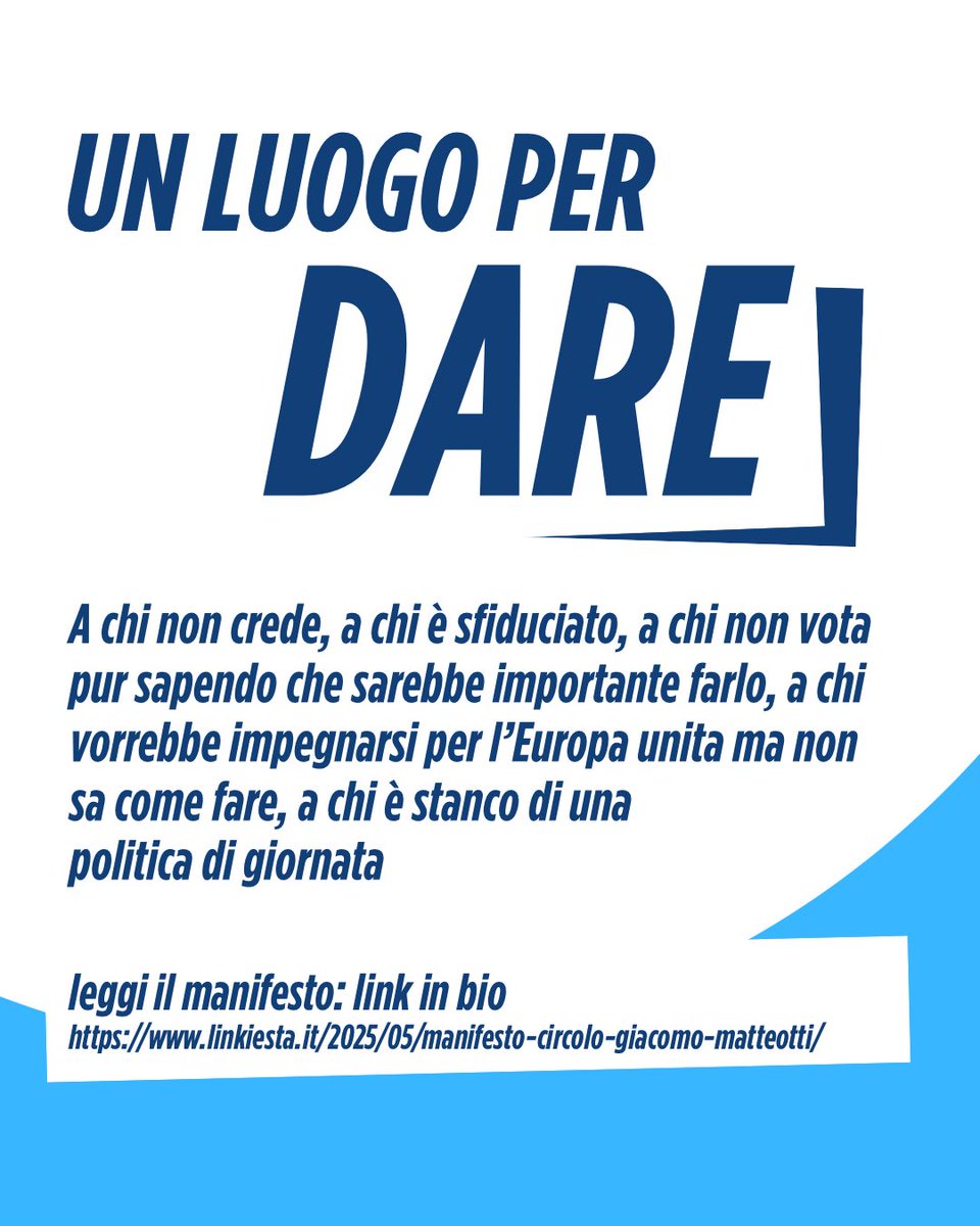 Che cos’è il circolo Matteotti?
È un circolo di cultura politica, un’iniziativa non di partito nè di partiti, a cui ciascuno può aderire liberamente. 

Ci ispiriamo a Giacomo Matteotti, un uomo che, inascoltato, seppe più di ogni altro capire il suo tempo. 

È l’ora di DARE.