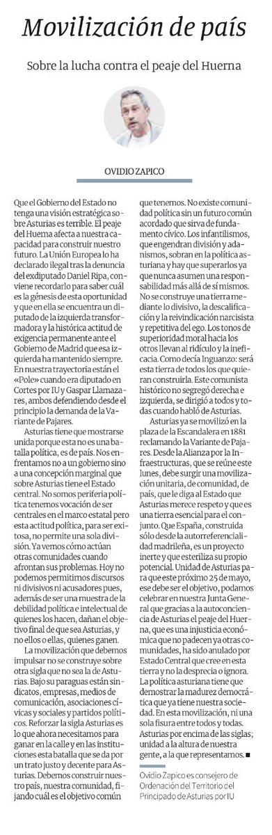 📢 <a href="/ovizapico/">Ovidio Zapico</a> Suprimir el peaje del Huerna es una batalla de país. Nos enfrentamos no a un gobierno sino a una concepción marginal que sobre Asturias tiene el Estado. No somos periferia política, tenemos vocación de ser centrales: unidad política y social, por encima de siglas.