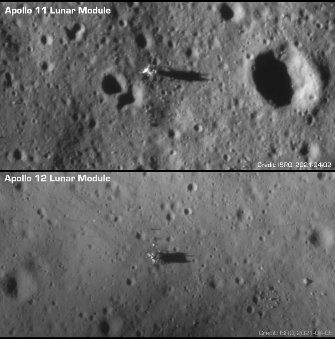 CuriosityonX's tweet photo. Image of Apollo 11 and 12 captured by India's Moon orbiter. Disapproving Moon landing deniers. https://t.co/NPpHVOKnHz