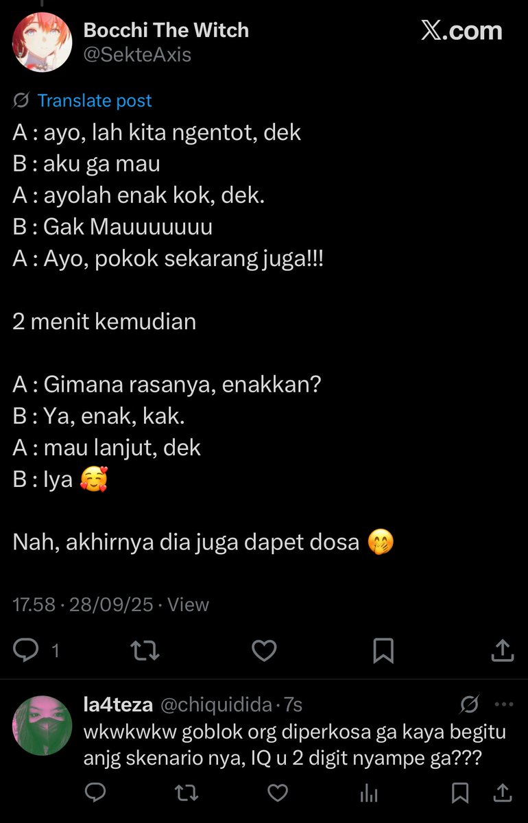 <a href="/lilaccountz/">miw.</a> <a href="/kirastoryy/">Syakira</a> <a href="/Agito2ndthought/">Dahlan</a> org islam blegug keempat: wibu bau bawang <a href="/SekteAxis/">Bocchi The Witch</a>  
downplaying rape, dan simply tolol aja sih

x.com/sekteaxis/stat…