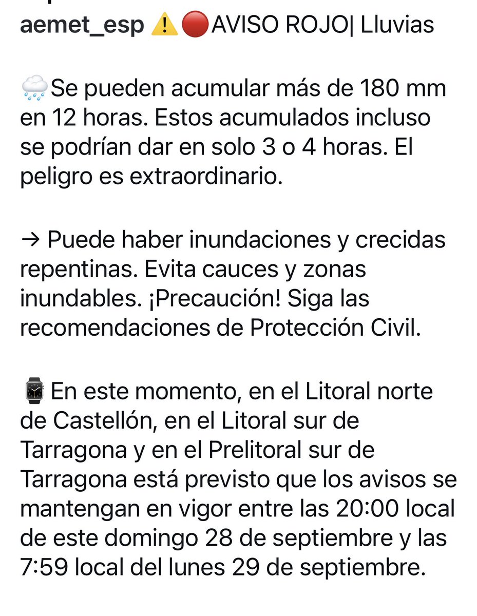 ÚLTIMA HORA ‼️ @aemet eleva a nivel ROJO 🔴 los avisos por #lluvias a partir de esta noche y para mañana #lunes en las provincias de Tarragona, Castellón y #Valencia ⚠️

Se pueden acumular más de 180 mm en 12 horas. Estos acumulados incluso se podrían dar en solo 3 o 4 horas.