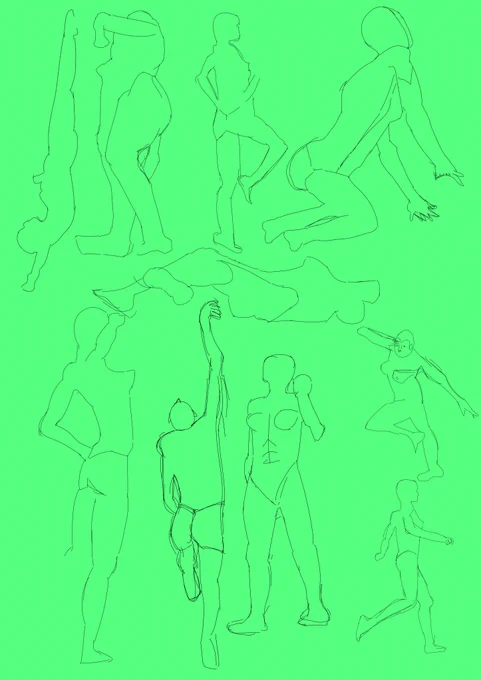 #餅猫1日1絵 32日目 クロッキー5分×10体 「輪郭以外も描けるようになるぞ～」