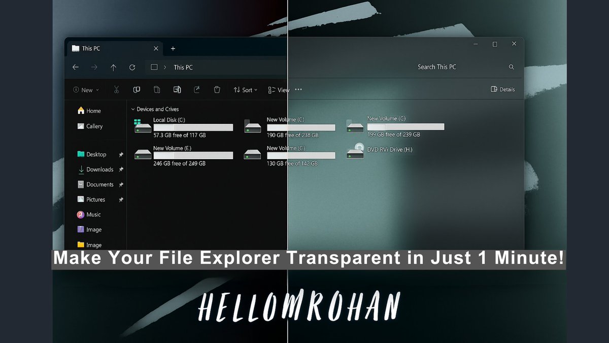 hellomurohan's tweet image. Want to make your Windows File Explorer look modern and transparent like glass? ✨
It takes just 1 minute! Watch my full tutorial now 👇
🎥 youtu.be/B2-B7RBfYxM

Hashtag: #Windows #FileExplorer #Transparency #Mica #Blur #Customization #Tech #Tutorial #Shorts #HelloMuRohan