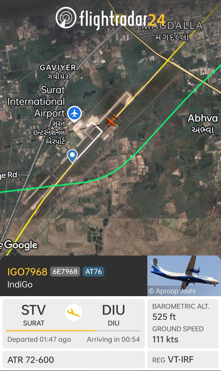 SuratAirportSTV's tweet photo. #WeatherPhenomena

#6E 7968 #STV 🔄 #DIU

Returns after nearly 2 hours of  circling over at Diu.

Likely due to inclement weather conditions. https://t.co/T2toE3DzNd