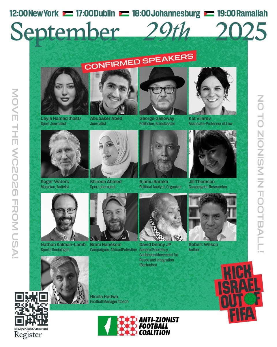 leylahamed's tweet image. Tomorrow!
I’ll be hosting a talk on why Israel MUST be kicked out of football.

Joined by Palestinian voices like @AbubakerAbedW and Nicola Hadwa, plus campaigners &amp;amp; cultural figures including @Africa4Pal, @rogerwaters and many more.

Register here: us02web.zoom.us/webinar/regist…