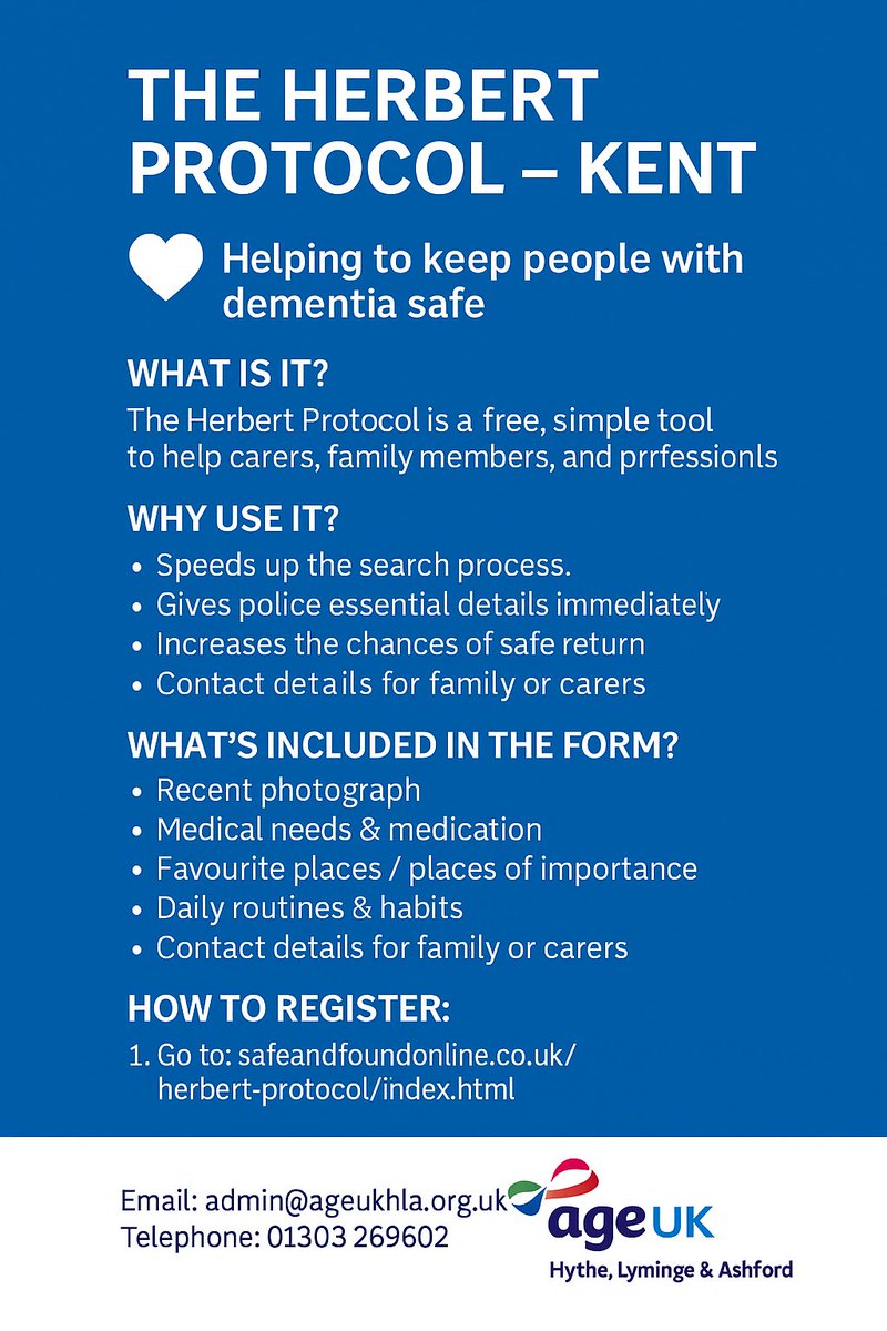 AgeUKHL's tweet image. 🛡️ Herbert Protocol – Kent
Free tool to help keep people with dementia safe.

📋 Key info (photo, meds, routines, favourite places) for police if someone goes missing — speeding searches &amp;amp; boosting safe returns.

🔗 safeandfoundonline.co.uk/herbert-protoc…
#DementiaSupport #Kent #HerbertProtocol