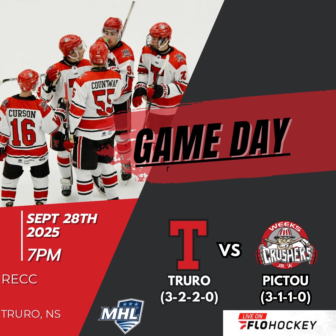 Game day! We conclude a busy week of games tonight at home against Pictou County. #teamfirsT

🆚Pictou County Weeks Crushers
📍RECC
⏰7:00pm
📺FloHockey