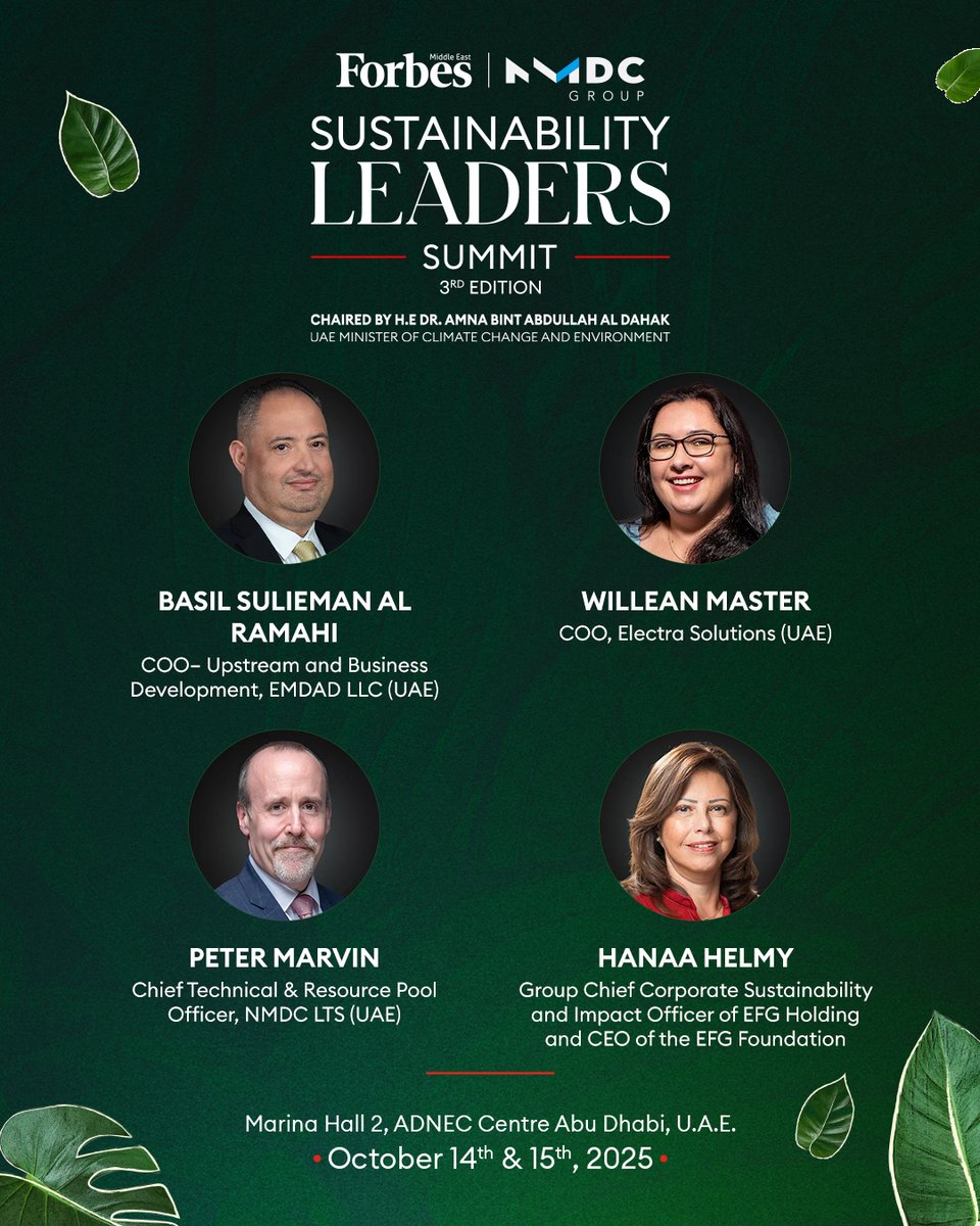 Real stories. Real solutions. Real leadership.​
Our speaker lineup for the third edition of the Forbes Middle East Sustainability Leaders Summit features pioneers who are redefining what sustainability means for the MENA region and beyond.​
Join us at Marina Hall 2, ADNEC Centre