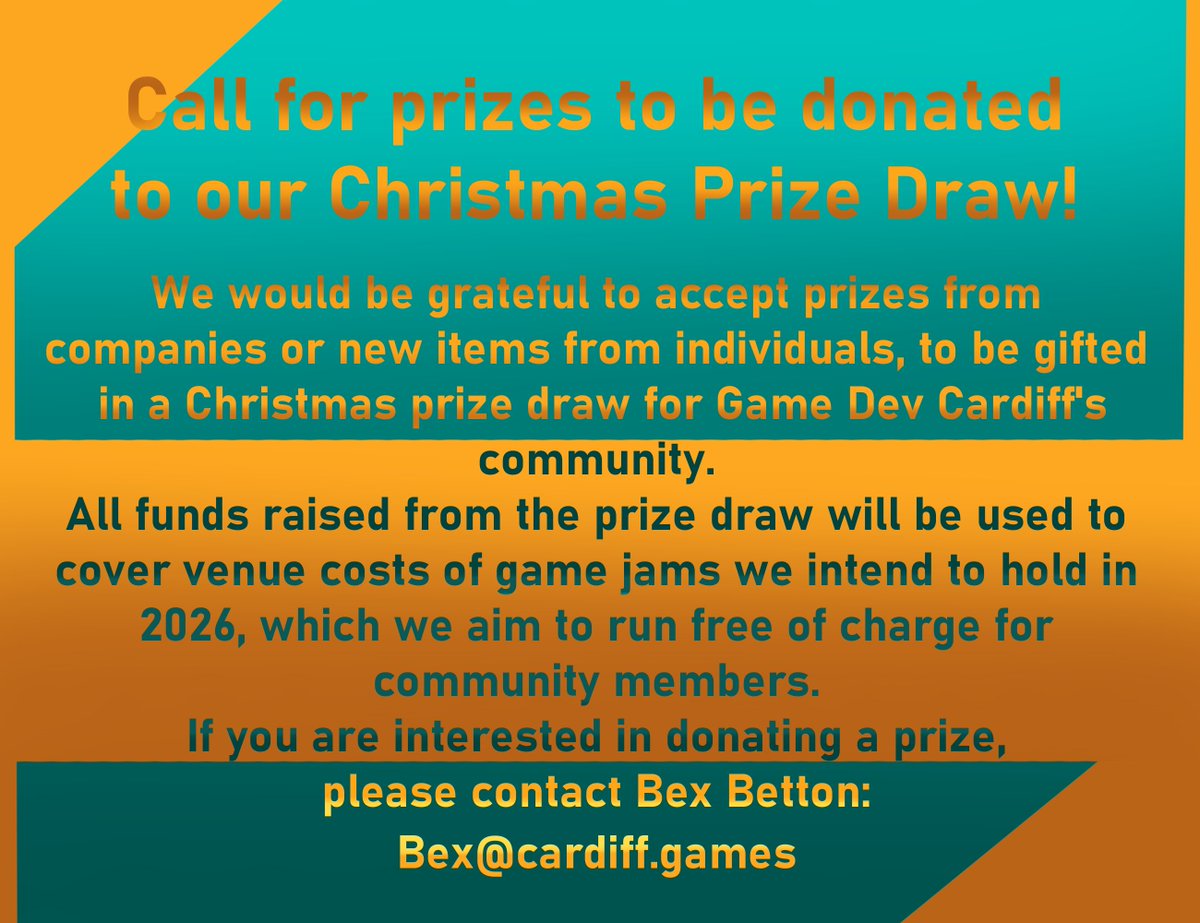 GameDevCardiff's tweet image. 📣 📣 If you or your  company would like to kindly donate gifts for our Christmas fundraising  prize draw, please get in touch with Bex!