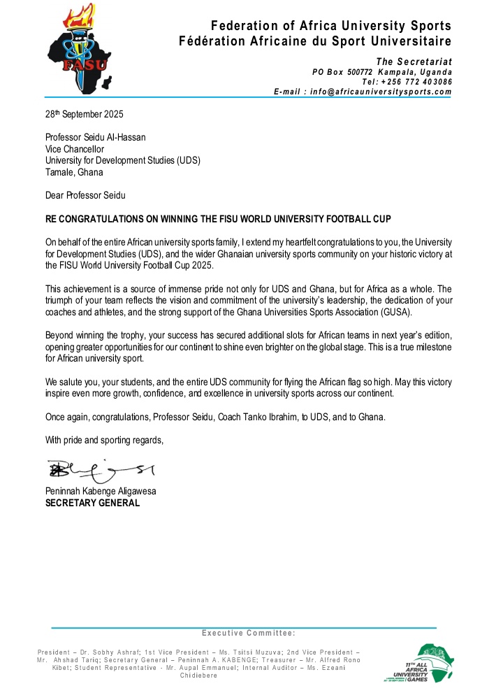 fasuafrica's tweet photo. Official Statement from the Federation of Africa University Sports (FASU) on University of Development Studies - UDS @uds_official historic win in Dalian, China 🔥. 

#WeAreAfrica
#NousSommesLAfrique 
#Dalian2025 
#FISUWorldCups https://t.co/2BNDQawEvd