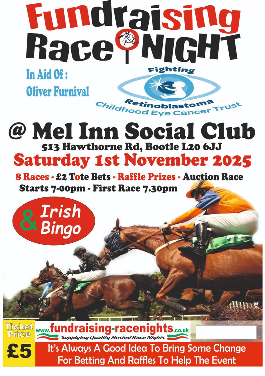 SeftonOA's tweet photo. This one’s close to home ❤️

Fundraising Race Night for Oliver Furnival – son of our manager Tom – who’s bravely fighting Retinoblastoma.

📅 Sat 1 Nov, 7pm
🎟️ £5 | 8 races, raffle &amp; more

🎁 Raffle prizes welcome

Tickets/donations via Collectiv (click don’t support Collective) https://t.co/VKKKm07AIw