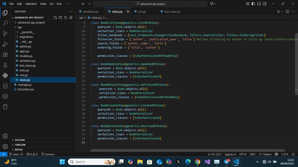 sjaypeter's tweet photo. WEEK 12
Advanced API development with DRF: Building custom views and generic views;implementing filtering ,search and ordering ;writing unit tests
#Backend #django #pythonprogramming #pythonlearning #100DaysOfCode #ALX_BE #ALX https://t.co/VgXcNy9THv