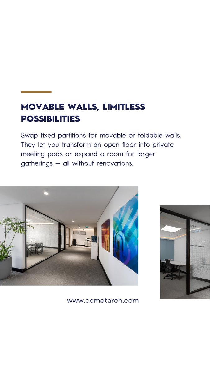 cometarch's tweet image. Make your office work harder. 

5 flexible layout hacks — from modular furniture to movable walls — that future-proof your space for growth and change.

#Cometarchitects #workplacedesign #officedesigntips #futureofwork #flexiblespaces