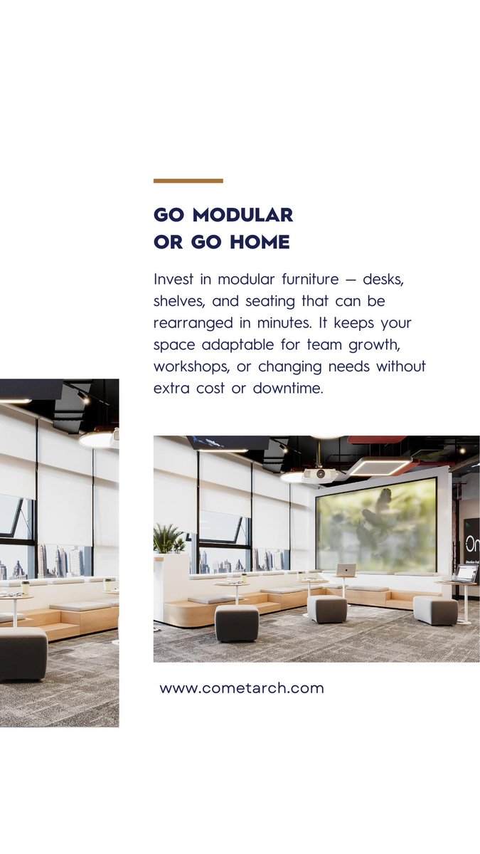 cometarch's tweet image. Make your office work harder. 

5 flexible layout hacks — from modular furniture to movable walls — that future-proof your space for growth and change.

#Cometarchitects #workplacedesign #officedesigntips #futureofwork #flexiblespaces