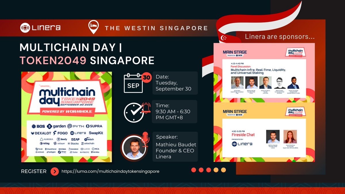 nininiao's tweet photo. ❓ How does the future of multichain infra look?

🌐 @linera_io is joining Multichain Day @ TOKEN2049 Singapore on Sept 30 as a sponsor.

📅 Highlights:
🎤 Panel – Real-Time, Liquidity & Universal Staking with #Linera Founder & CEO @ma2bd 
🔥 Fireside Chat with Mathieu Baudet & Elena Obukhova (Supermoon Ventures)

📍 The Westin Singapore
🔗 Details: https://t.co/588YzTm9DC
#microchains @linera_io