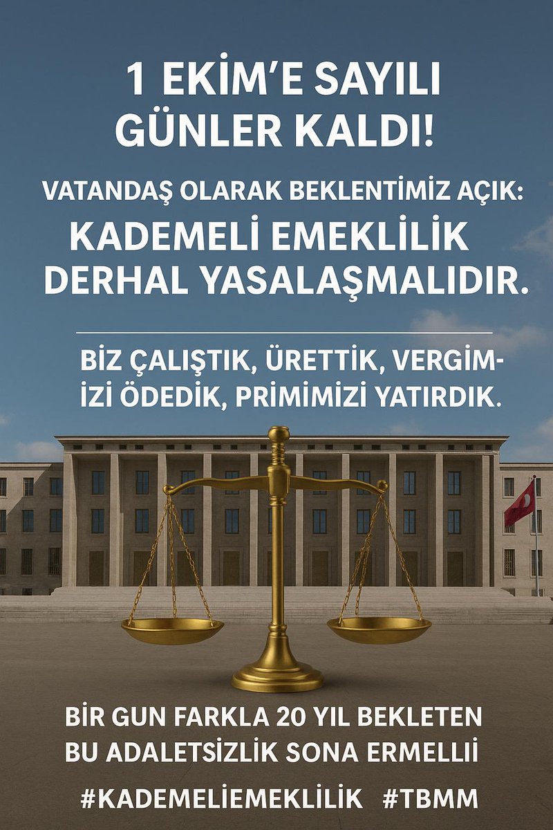 Değerli Emadder Ailemiz 

Biz çalıştık, ürettik, primimizi yatırdık.
Şimdi adalet zamanı!
30 Eylül’de milyonların haykırışı için sizleri de desteğe davet ediyoruz gazi meclisimize sesleniyoruz.
Kademeli emeklilik hakkı artık ötelenemez!

👉 Siz de hazır olun…
👉 Siz de yanımızda