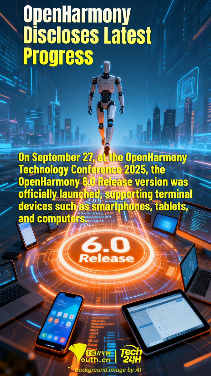 YouthChina's tweet image. #Tech24H On September 27, at the #OpenHarmony Technology Conference 2025, the OpenHarmony 6.0 Release version was officially launched, supporting terminal devices such as #smartphones, tablets, and computers. Additionally, the conference announced plans to incubate the…