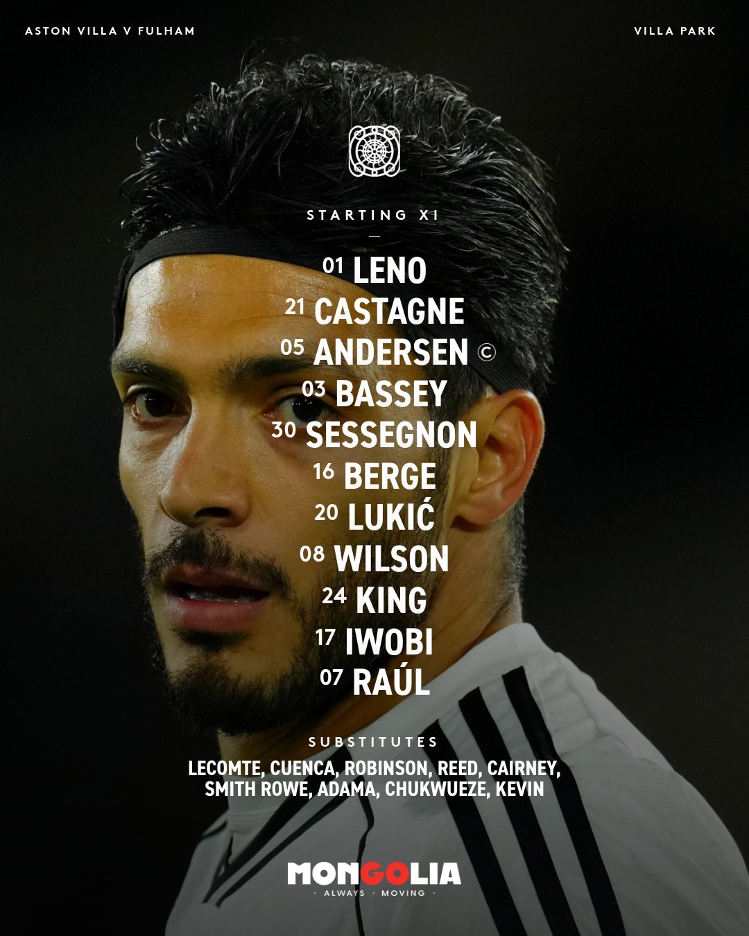 Starting XI: 1. Leno, 21. Castagne, 5. Andersen, 3. Bassey, 30. Sessegnon, 16. Berge, 20. Lukić, 8. Wilson, 24. King, 17. Iwobi, 7. Raúl. Subs: Lecomte, Cuenca, Robinson, Reed, Cairney, Smith Rowe, Adama, Chukwueze, Kevin.