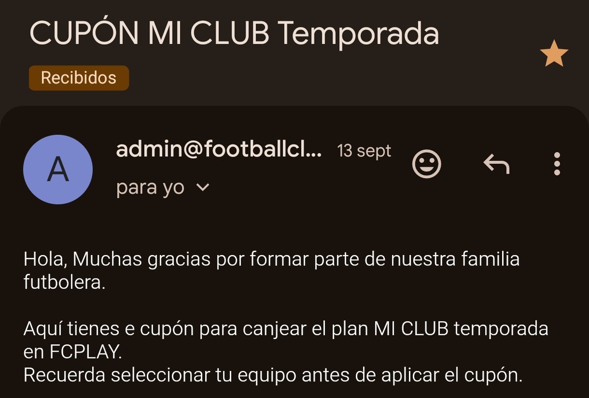 GxldeCubillas's tweet photo. @Hector_Macian @CDCS_Academy A mí me llegó hace tiempo ya, y se ve bastante bien. En este email te ponía el código a poner en la web de FCPLAY https://t.co/oEZxDyNQ2G