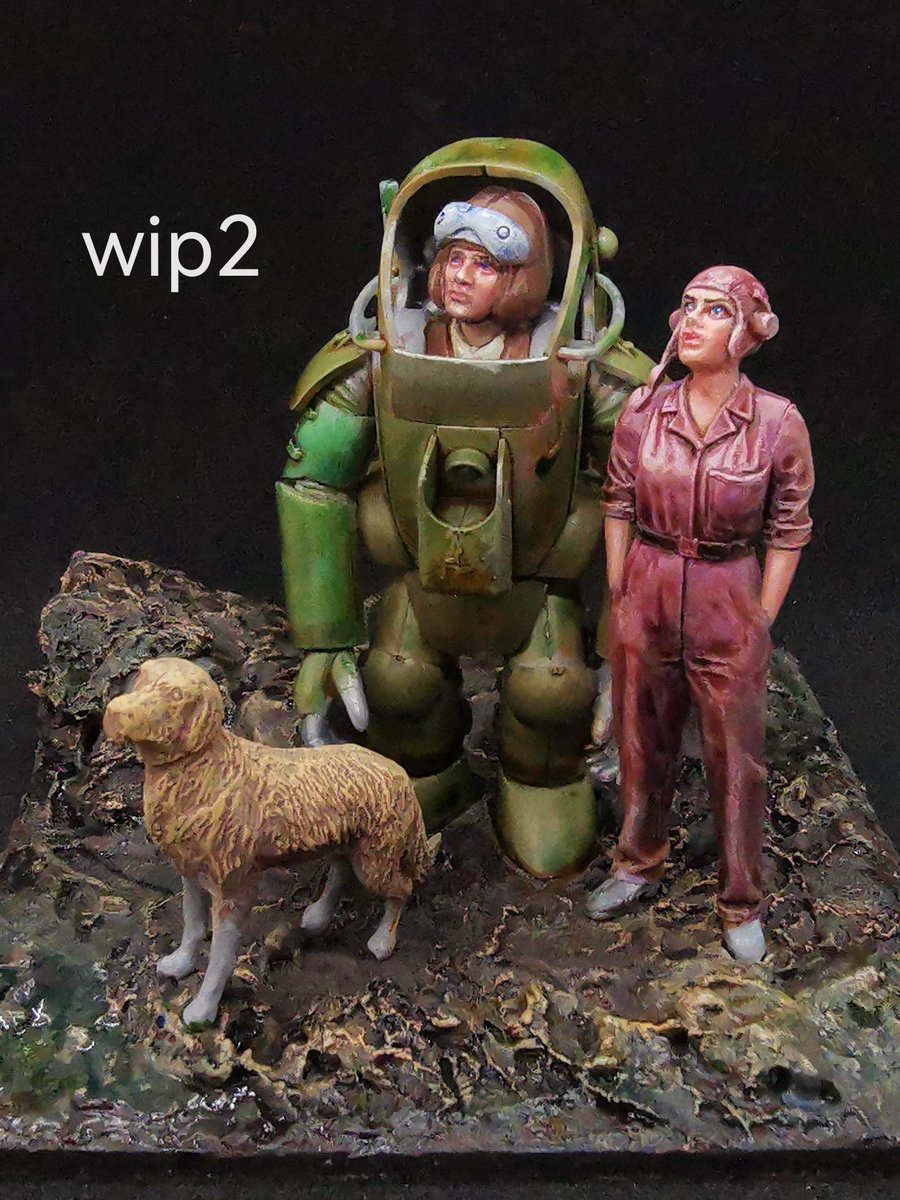 #マシーネンクリーガー
ハセガワ 1/35 GUSTAV、
ICM 1/32 US WASP

wip2
地面　vallejo wash black
フィギュア　顔修正
作業服　citadel berserker bloodshade、vallejo wash black
装備　右腕モジュレーション塗装テスト