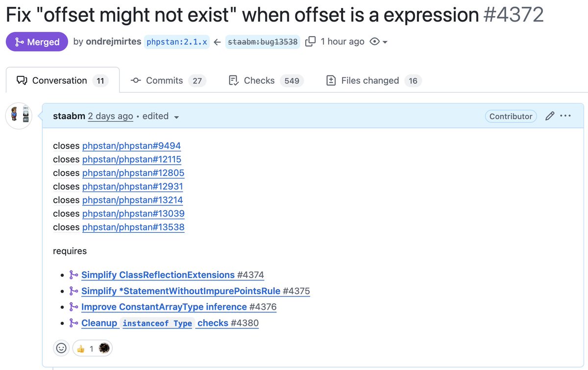 markusstaab's tweet image. Boom 💥

The next #phpstan release will report less false-positives when configured with the optional reportPossiblyNonexistentGeneralArrayOffset: true
