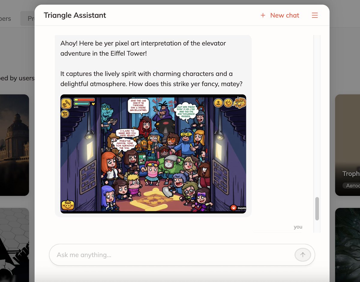 gamedev_hub's tweet image. Introduction of an AI assistant named Tri. Tri can guide users around the platform, develop the concept for your game idea, and even attempt to create a fake screenshot for your game (or at least an image similar to one).