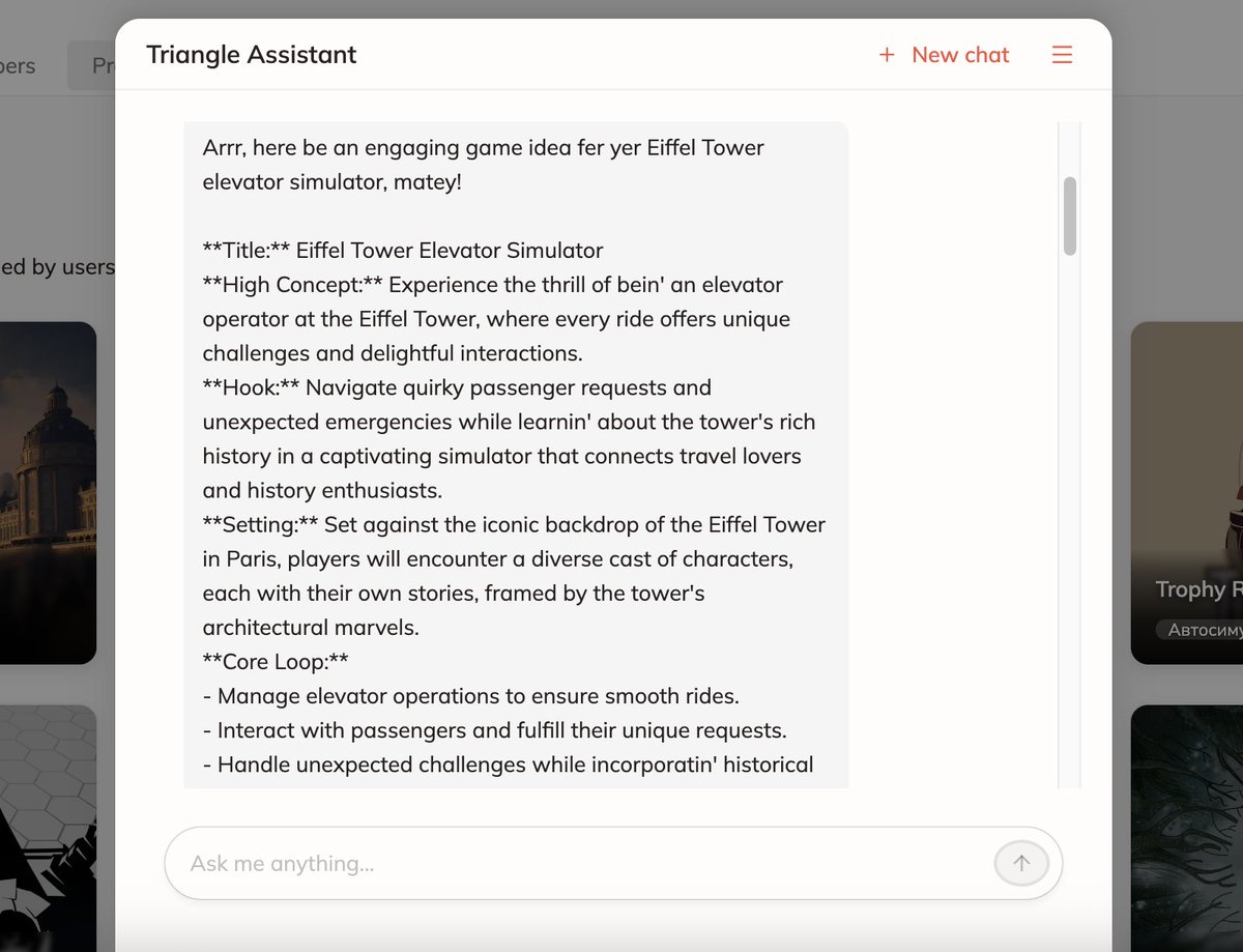 gamedev_hub's tweet image. Introduction of an AI assistant named Tri. Tri can guide users around the platform, develop the concept for your game idea, and even attempt to create a fake screenshot for your game (or at least an image similar to one).