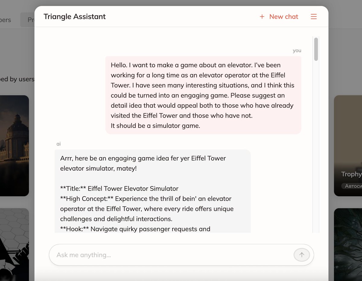 gamedev_hub's tweet image. Introduction of an AI assistant named Tri. Tri can guide users around the platform, develop the concept for your game idea, and even attempt to create a fake screenshot for your game (or at least an image similar to one).